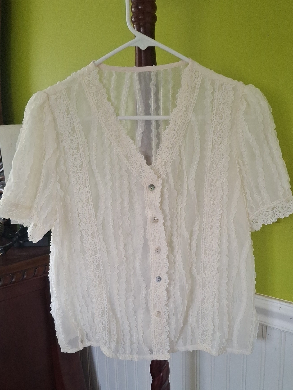 Ivory Lace-Trim Button Front Short-Sleeve Blouse